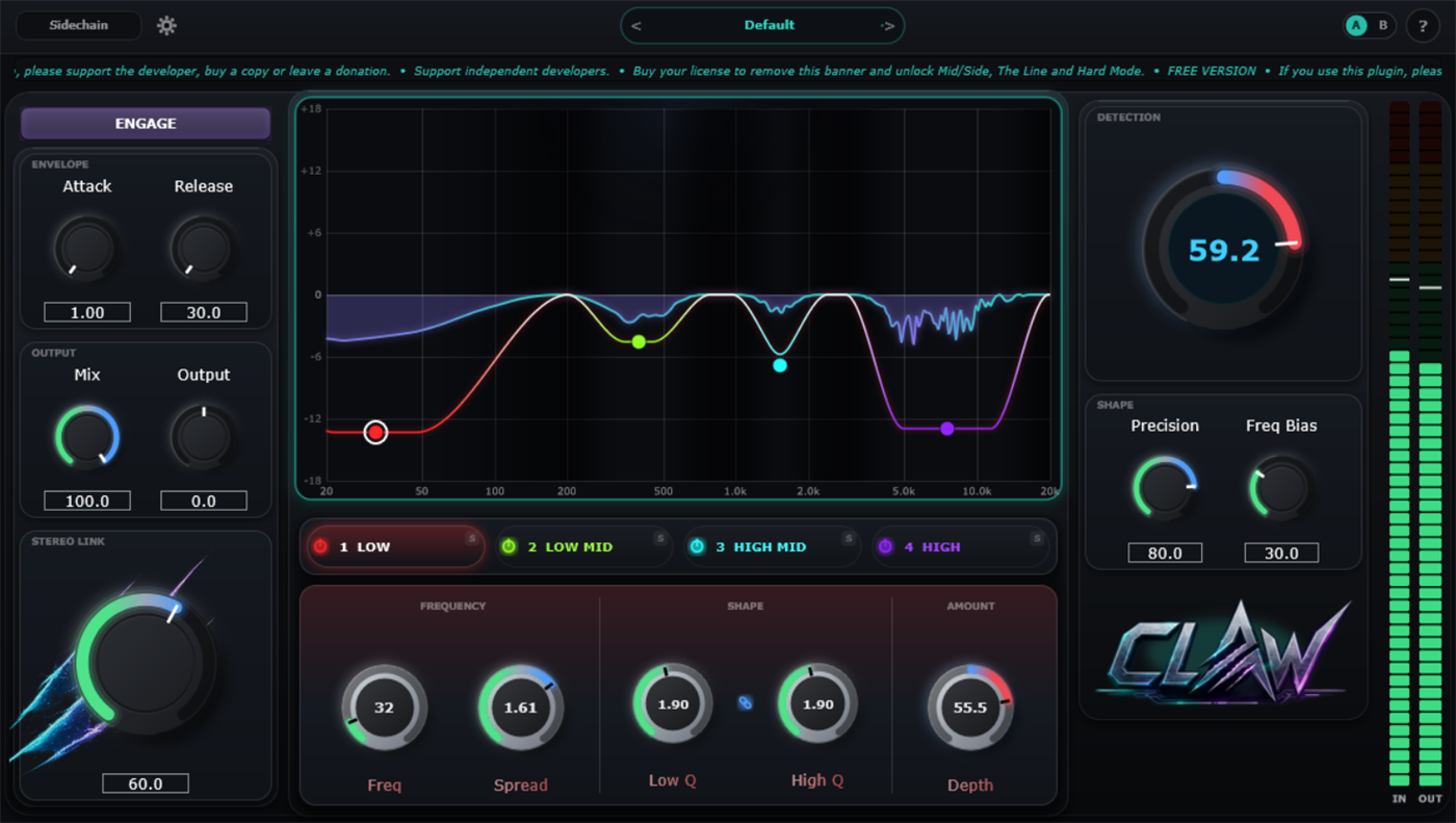 Claw Free interface with the support banner shown at the top