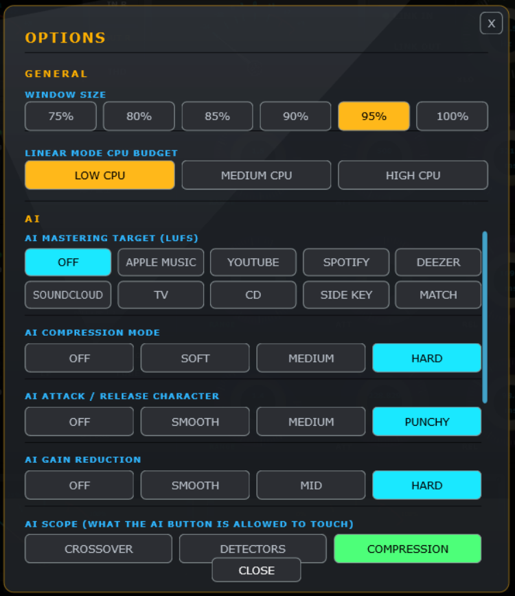 Tripressor AI Learn options panel showing loudness targets and AI compression, attack/release and gain reduction character