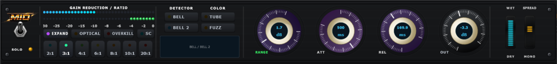 Close-up of a Tripressor band strip in Expand mode, showing ratio, detector, attack, release and output controls